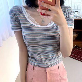 Multicolor-striped Ringer Slim Cropped T-shirt