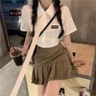 Short Sleeve Crop Shirt / Plaid Pleated Skirt