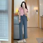 Short-sleeve Collar Top / High Waist Straight Leg Pants