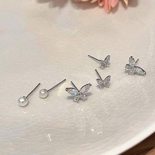 3 Pair Set: Butterfly Rhinestone / Faux Pearl Earring (various Designs) Set Of 6 - Butterfly Earrings - Silver - One Size