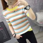 Knitted Stripe Crew-neck Elbow-sleeve T-shirt