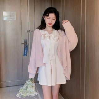Plain Cardigan / Plain Bow A-line Dress