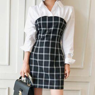 Mock Two-piece Long-sleeve Plaid Paneled Mini Dress