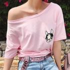 Elbow-sleeve Dog Embroidery Off-shoulder Top