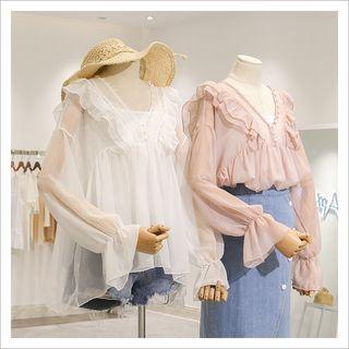 Set: Frill Trim Blouse + Camisole Top