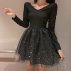 Long-sleeve Glitter Mesh Mini A-line Dress Black - One Size