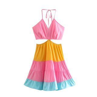 Halter-neck Color Block Cutout A-line Dress