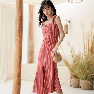Front Zip Striped Midi Spaghetti Strap Dress