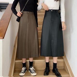 High Waist Faux Leather Midi A-line Skirt