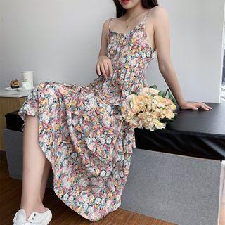 Spaghetti-strap Frill Trim Floral Printed Layered Dress As Shown In Figure - One Size