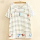 Fish Applique Cat Embroidered Striped Short Sleeve T-shirt