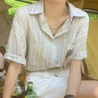 Short-sleeve Striped Shirt Stripes - Gray & Beige & White - One Size