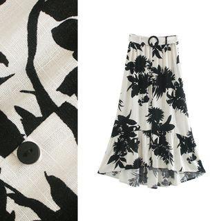 Belted Asymmetric-hem Printed A-line Maxi Skirt
