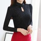 Fleece-lined Lace Cutout Stand-collar Long-sleeve Top