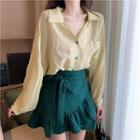 Plain V-neck Single-breasted Loose-fit Puff-sleeve Blouse / Plain High-waist Irregular Lettuce Edge Skirt