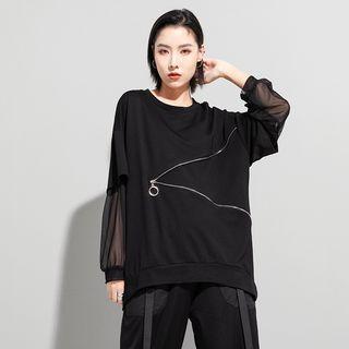 Mock Two-piece Long-sleeve Mesh Panel T-shirt Black - One Size
