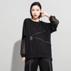 Mock Two-piece Long-sleeve Mesh Panel T-shirt Black - One Size