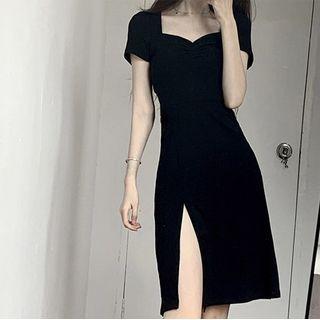 Short-sleeve Square-neck Slit-hem Mini A-line Dress