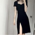Short-sleeve Square-neck Slit-hem Mini A-line Dress