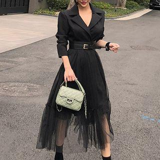 Long-sleeve Midi Mesh Panel A-line Dress