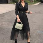 Long-sleeve Midi Mesh Panel A-line Dress