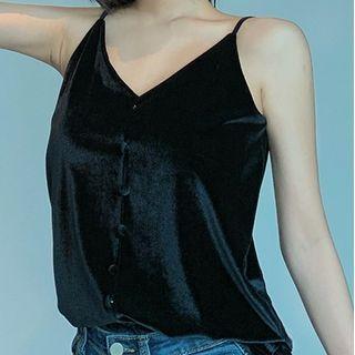Plain Buttoned Pleuche Spaghetti Strap Top