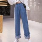 High-waist Frayed Trim Wide-leg Jeans