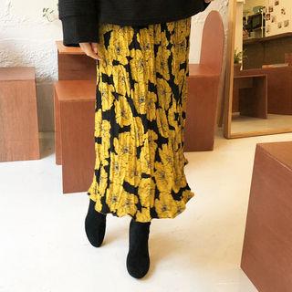 Floral Print Crinkled Skirt Black - One Size