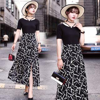 Mock Two-piece Short-sleeve Patterned Jumpsuit