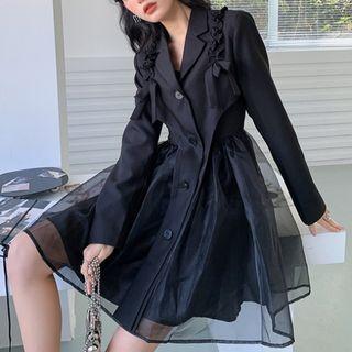 Spaghetti Strap Bow A-line Organza Dress / Ruffled Asymmetrical Crop Blazer