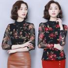 Long-sleeve Floral Buttoned Placket Mesh Top