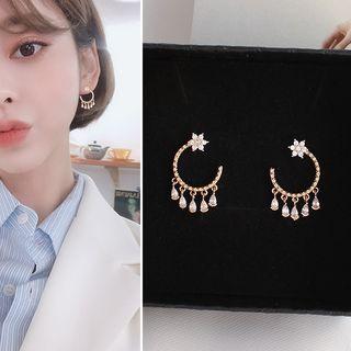 Rhinestone Open Hoop Fringed Earring
