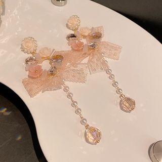 Ribbon Faux Pearl Fringed Earring 1 Pair - Pink Bow - White - One Size