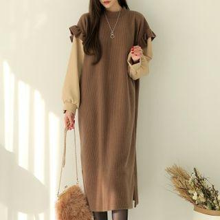 Contrast-sleeve Frilled Midi Dress