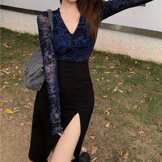 Long-sleeve Lace Top / Pencil Skirt