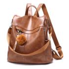 Faux Leather Pompom Accent Large Backpack