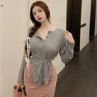 Round-neck Long Sleeve Button-up Tie-waist Top / High Waist Ruched Maxi Wrap Skirt