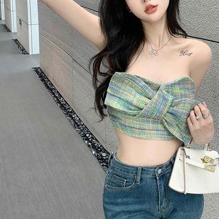 Tweed Bow Cropped Tube Top Green - One Size