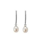 Sterling Silver Fashion Simple Geometric Lines Freshwater Pearl Earrings With Cubic Zirconia Silver - One Size