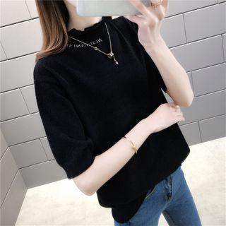 Lettering Short-sleeve Knit Top Black - One Size