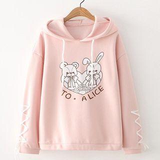 Printed Lace Up Hoodie As Shown In Figure - One Size