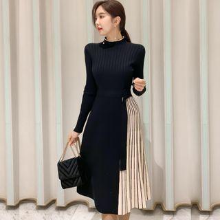 Long-sleeve Pleated Knit Panel Dress Black-sweater - One Size