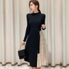Long-sleeve Pleated Knit Panel Dress Black-sweater - One Size