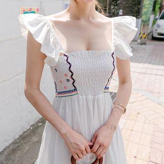 Flutter Strap Embroidered Midi A-line Dress
