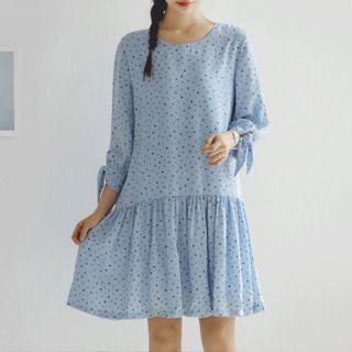 Tie-cuff Beribboned Shirred Dot 3/4-sleeve A-line Dress