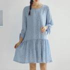 Tie-cuff Beribboned Shirred Dot 3/4-sleeve A-line Dress