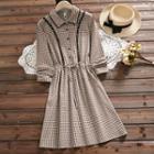Long-sleeve Plaid Crochet Trim A-line Shirt Dress