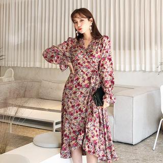 Floral Print Tie-waist Wrap Dress Beige - One Size