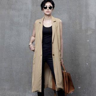 Notched-lapel Pocket-detail Long Vest Beige - One Size