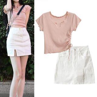 Short-sleeve Lettuce Edge T-shirt / Pencil Skirt